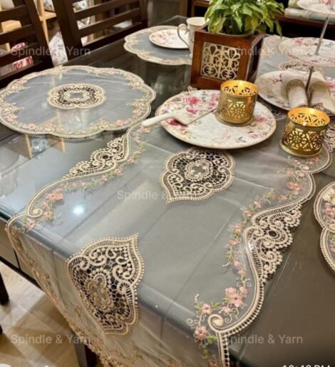 Buy Lelehome Classic Flowers Embroidered Lace Short Satin Floral Table Runner Table (1)