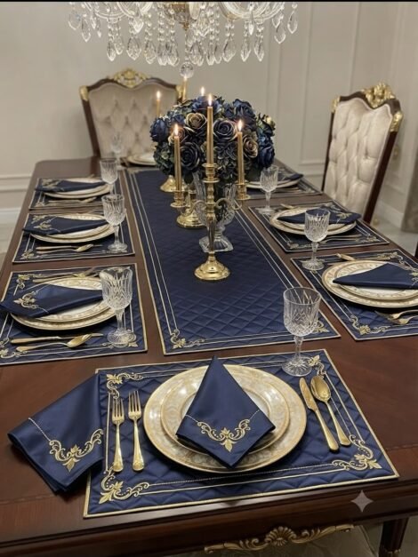 Imperial Elegance blue color 6 Seater Table Linen