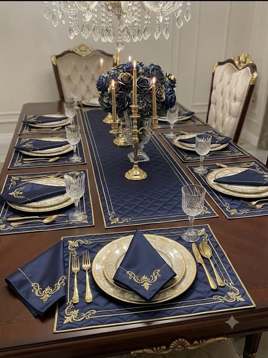 Imperial Elegance blue color 6 Seater Table Linen