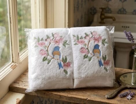 Printed White Cotton Bath Towel Set (4 Pcs)