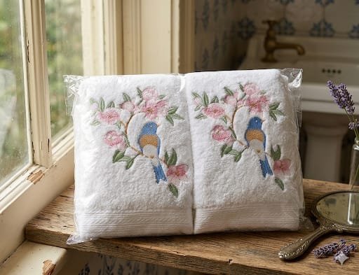 Printed White Cotton Bath Towel Set (4 Pcs)